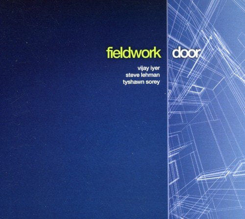 "Blue album cover with 'fieldwork' and 'door' text, featuring artist names and Amazon logo."