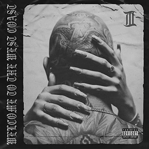 Square album cover featuring a person with head tattoos and hands covering face.