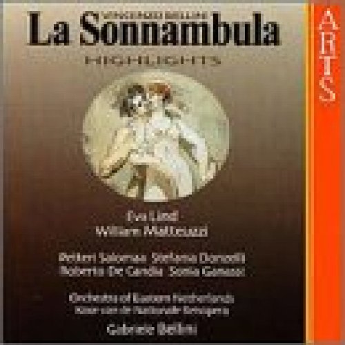 "CD cover for 'La Sonnambula Highlights' with illustration of two embracing figures."