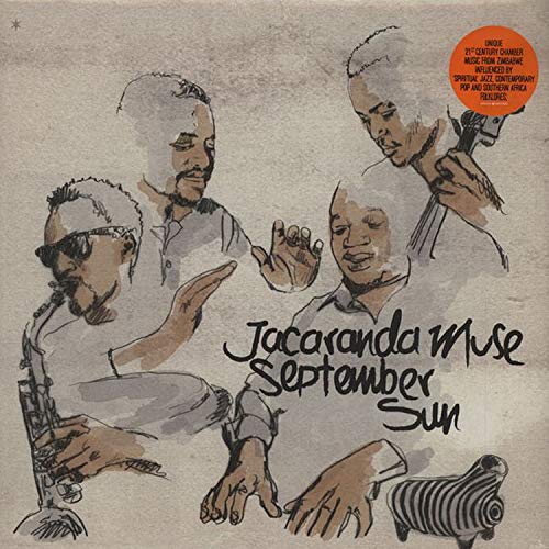 "Album cover featuring sketches of musicians and a zebra, with text 'Jacaranda Muse September Sun'."