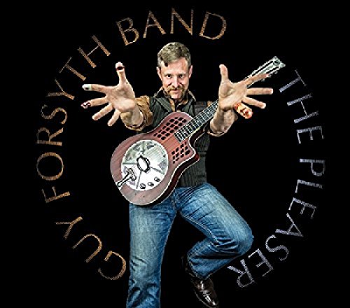 ManLCSBman holding a resonator guitar against a black background with circular text.