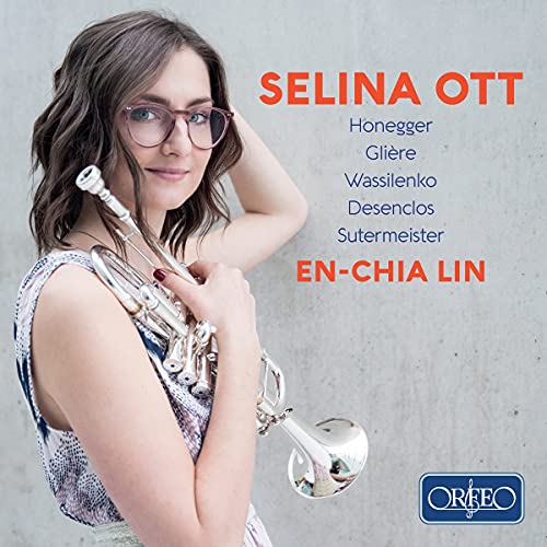 Woman with trumpet and glasses, album cover for Selina Ott/en-chia Lin.