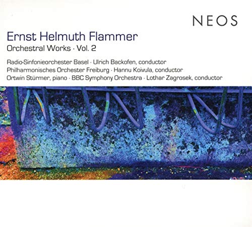 "CD cover with abstract blue and rainbow design, featuring text about Ernst Helmuth Flammer."