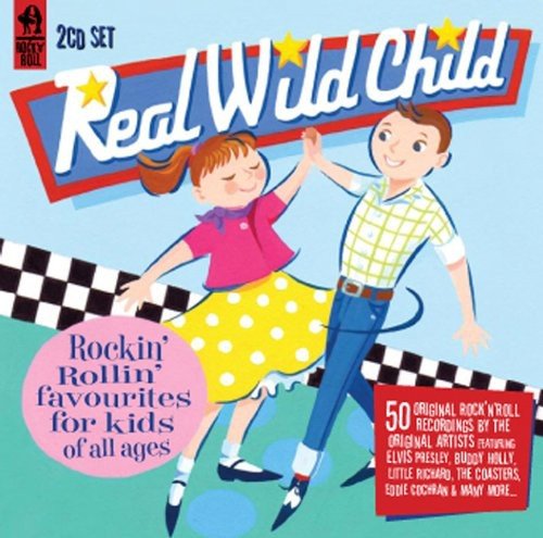 "CD cover featuring cartoon boy and girl dancing with checkered floor and 'Real Wild Child' text."