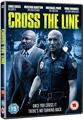 "DVD case for 'Cross The Line' showing two men with guns in a police scene."