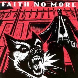 "Album cover art: illustration of a man and snarling wolf against a red background."