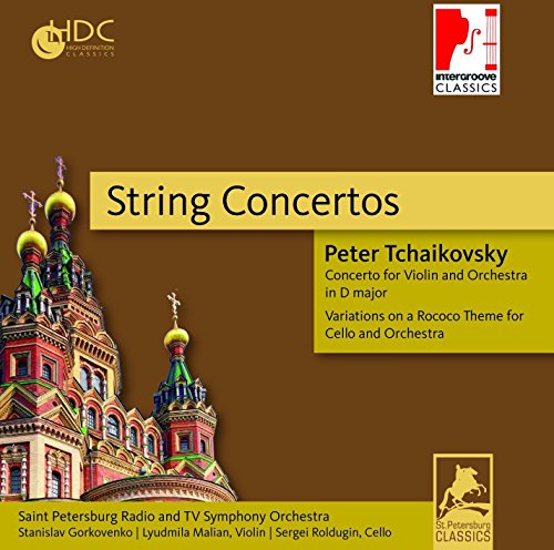 Brown CD cover with church illustration and yellow text boxes listing "String Concertos".