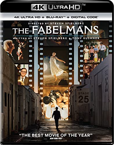 “The Fabelmans” Blu-ray cover with film stills and a young woman in white.