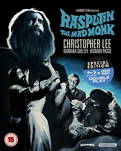 Blu-ray cover art for Rasputin the Mad Monk featuring Christopher Lee in blue tones.