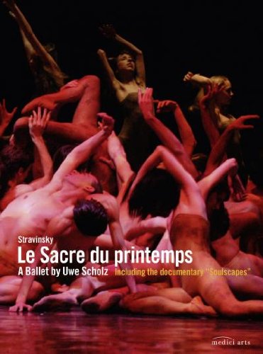 Ballet dancers in dynamic poses, red and brown tones, "Le Sacre du printemps" title.
