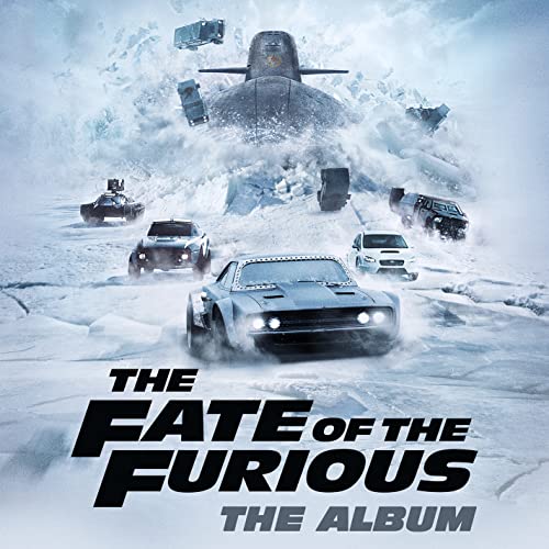 Album cover for "The Fate of the Furious" featuring cars and a submarine.