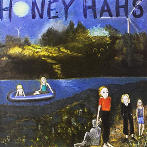 Painted album cover with figures by water, trees, and a full moon.