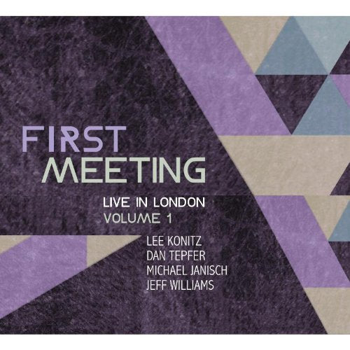 "CD cover with geometric purple and beige design, featuring 'First Meeting' title and artist names."