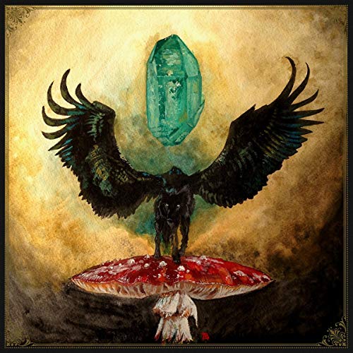 Painted album cover: raven with wings spread, perched on a mushroom.