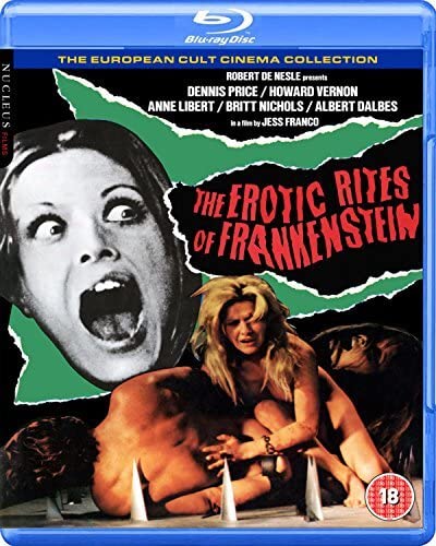 Blu-ray cover for "The Erotic Rites Of Frankenstein" with distressed imagery.