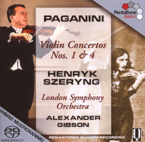 CD cover with violinist, title "PAGANINI Violin Concertos Nos. 1 & 4", and performer names.
