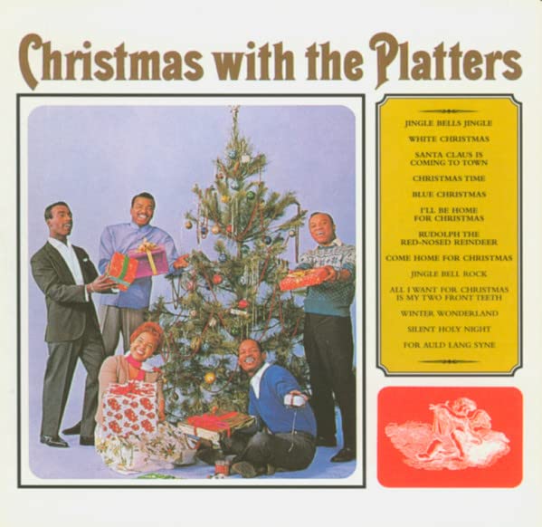 CD cover for "Christmas With The Platters" featuring the vocal group and a tree.