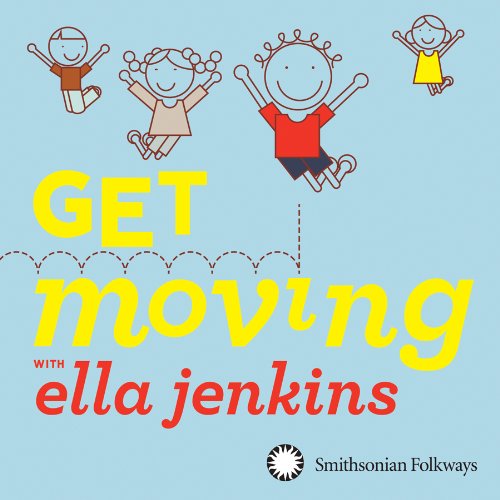 "CD case with 'Get Moving with Ella Jenkins' cover, featuring cartoon children jumping."