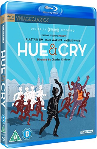 Hue and Cry" Blu-ray cover featuring silhouetted figures running toward a building.