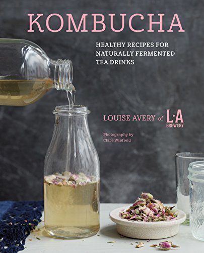 "Kombucha" cookbook cover featuring a bottle of fermented tea with a bowl of dried flowers.
