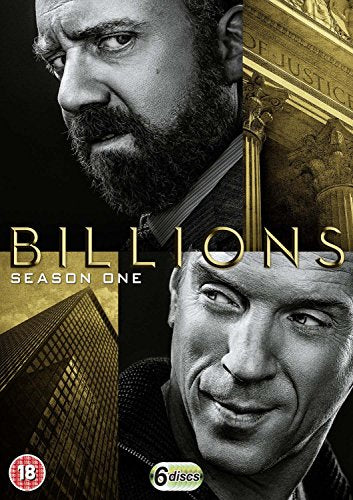 Billions" Season 1 DVD cover featuring portraits and a building.