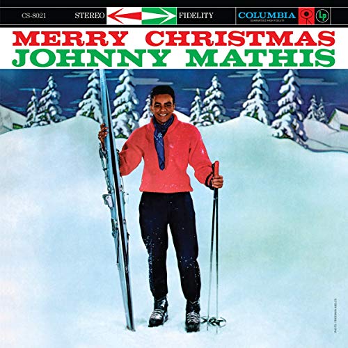 Johnny Mathis on a snowy ski slope, album cover for “Merry Christmas.”