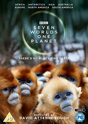 “Seven Worlds One Planet” DVD cover featuring orangutans and BBC logo.