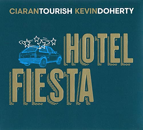 "Album cover with 'HOTEL FIESTA' text, car illustration, and artist names on teal background."