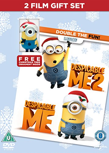 "Despicable Me DVD cover featuring Minions in Santa hats, snowflakes in the background."