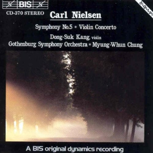 "CD cover with dark forest image and white text featuring Carl Nielsen's music."