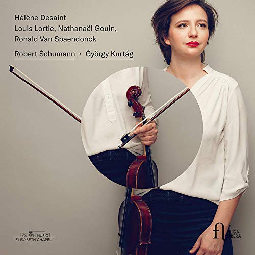 A woman holding a violin and bow, with text on a gray background.