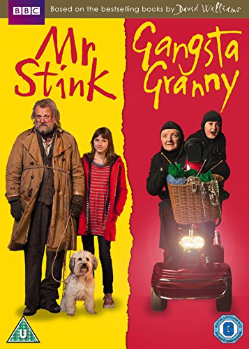 "DVD cover for 'Gangsta Granny' and 'Mr Stink' with characters and torn split background."