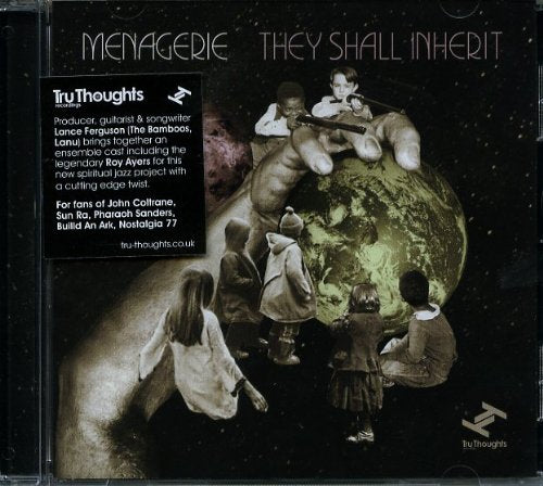 Album cover with a hand holding Earth and children, surrounded by space.