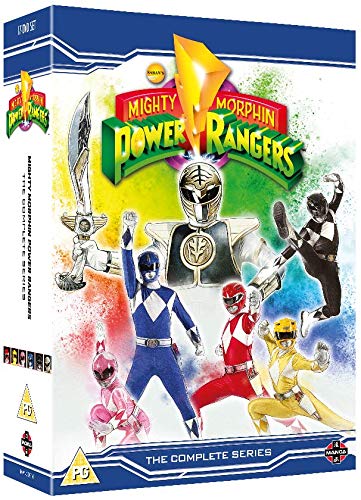 "Mighty Morphin Power Rangers" DVD box set featuring the five colorful superhero characters.