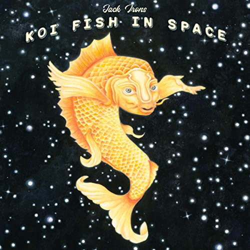 Golden koi fish with wings swims in a starry, dark space.