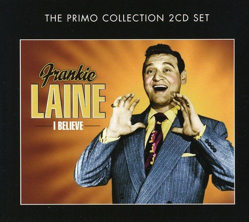 "Album cover with Frankie Laine singing, wearing a blue suit, against an orange background."