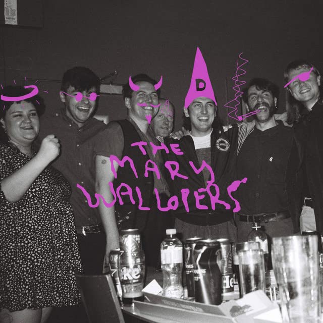Black and white band photo with pink cartoon additions and text.