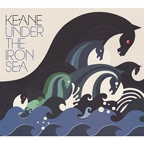 Keane album cover: stylized black horses amidst blue and green waves.