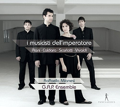 CD cover featuring four musicians in black standing on white stairs with text overlay.
