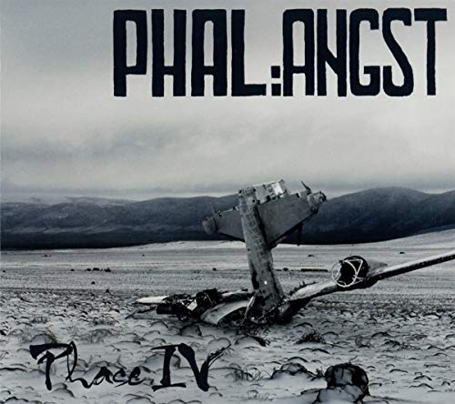 "Album cover with a crashed airplane in a desert landscape, mountains in the background."