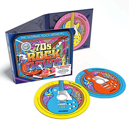 Three-disc 70s rock music set in blue packaging with guitar designs.