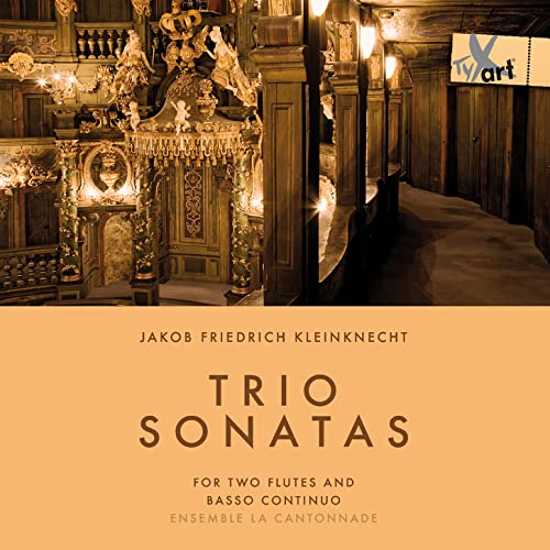 CD cover for Kleinknecht’s Trio Sonatas, featuring a baroque theater backdrop.