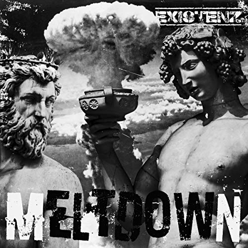 Black and white album cover with statues, a mushroom cloud, and text.