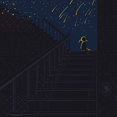 The alt text for the image is: "Vinyl record cover with illustration of person on staircase under starry sky."