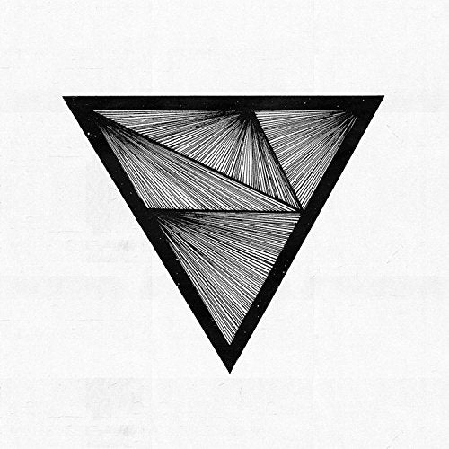 A black inverted triangle with geometric lines on a white background.