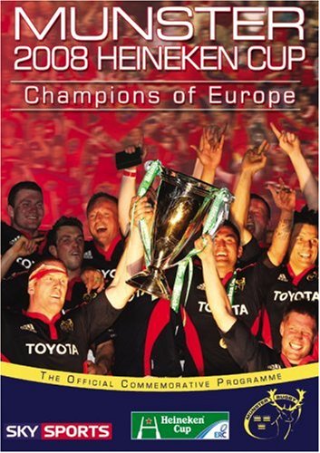 DVD cover featuring Munster rugby team celebrating with Heineken Cup, red and black colors.