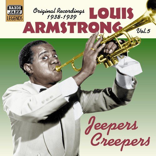 Louis Armstrong playing a trumpet on a green album cover with red text.