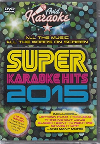 DVD cover for “Super Karaoke Hits 2015” with colorful text and graphics.