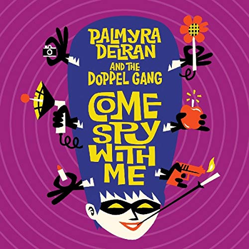 "Vinyl album cover with cartoon spy character and spy gadgets on purple background."