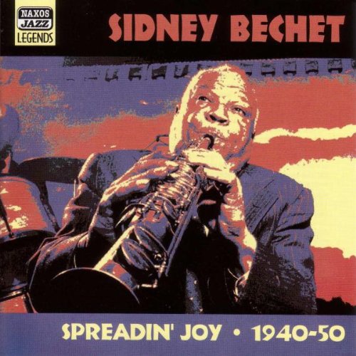 "Sidney Bechet album cover with man playing saxophone, colorful abstract background."
